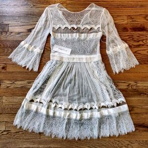 Alberta Ferretti White Lace Dress With Velvet Trim